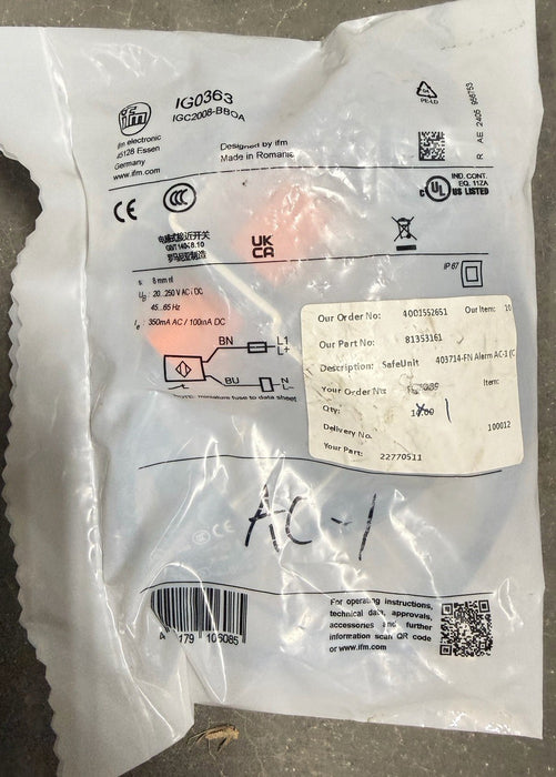 JCI 22770511 SAFEMATIC ALARM PROXIMITY SENSOR AC-1 IG0363 403714-FN 81353161