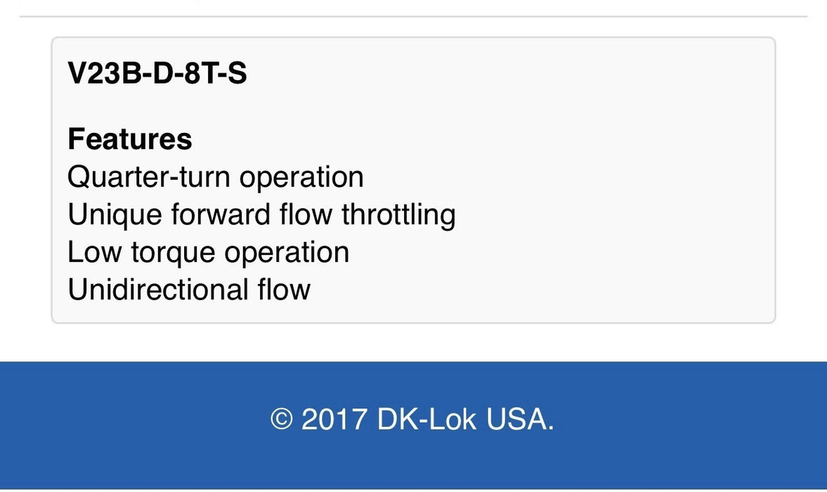 DK-Lok V23B-D-8T-S 1/2" Instrument Plug Valve 316 SS SWAGELOK Equivalent