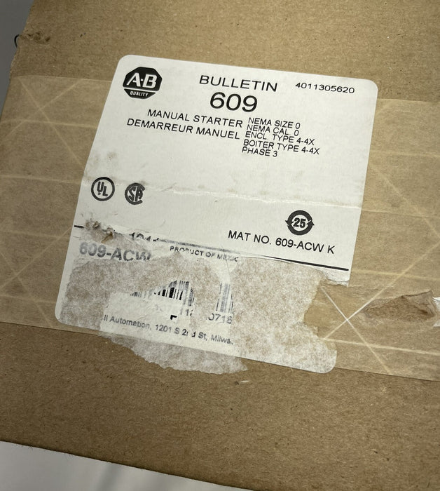 NEW  609-ACW SEALED ALLEN-BRADLEY 3 PHASE AC MANUAL STARTER SIZE 0 NEMA 609ACW