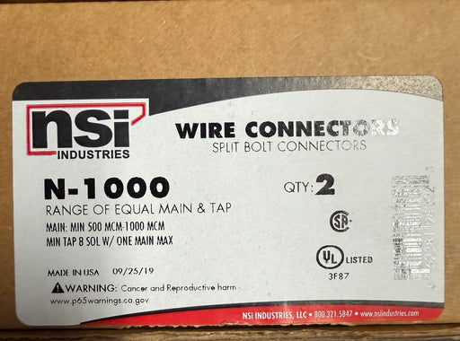BOX OF 2 NSI N-1000 SPLIT BOLT CONNECTORS N-1000 COOPER 4/0-1000 STR CU