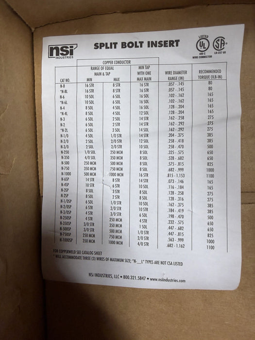 BOX OF 2 NSI N-1000 SPLIT BOLT CONNECTORS N-1000 COOPER 4/0-1000 STR CU