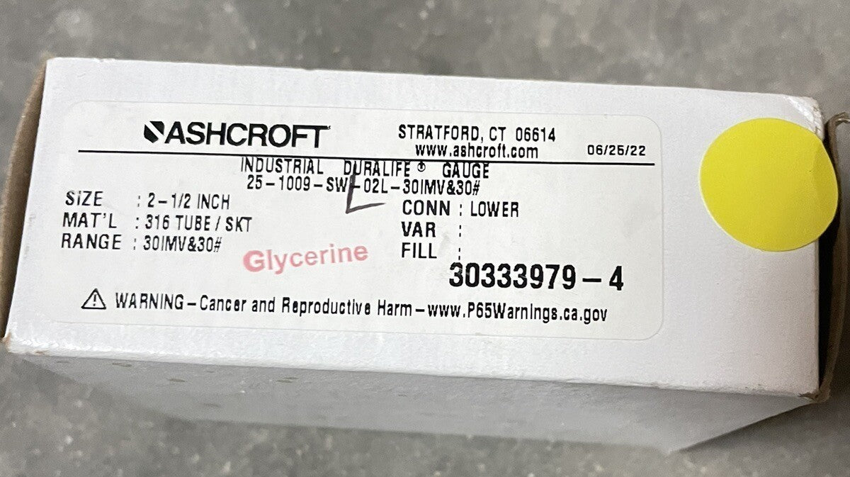 NEW ASHCROFT DURALIFE 25-1009-swL-02l-30IMV&30# GLYCERINE FILL 2 1/2" GAUGE