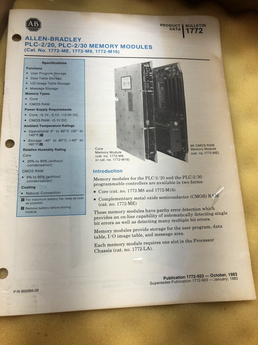 1772ME ALLEN BRADLEY PLC2/20 - PLC/2/30 MEMORY BOARD