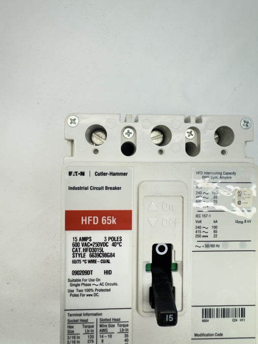 Cutler Hammer Hfd3015L Feeder Breaker 15 Amp 3 Pole 600vac