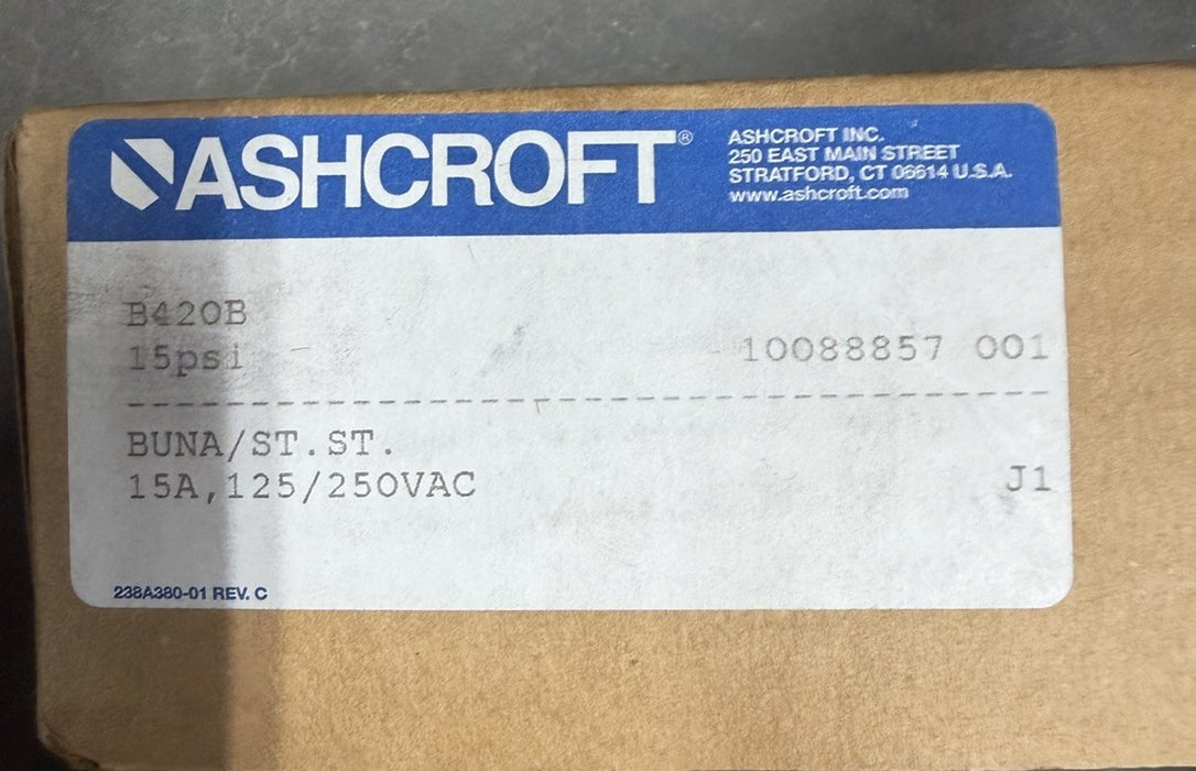 ASHCROFT B420B15 / B420B15NIB 15 PSI BUNA 15 AMP PRESSURE SWITCH NEW