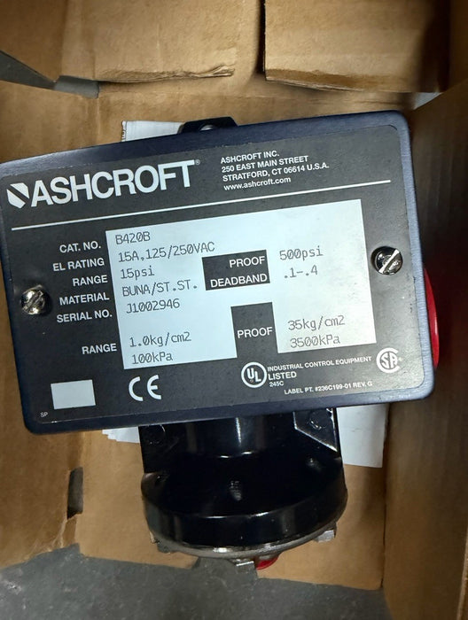ASHCROFT B420B15 / B420B15NIB 15 PSI BUNA 15 AMP PRESSURE SWITCH NEW