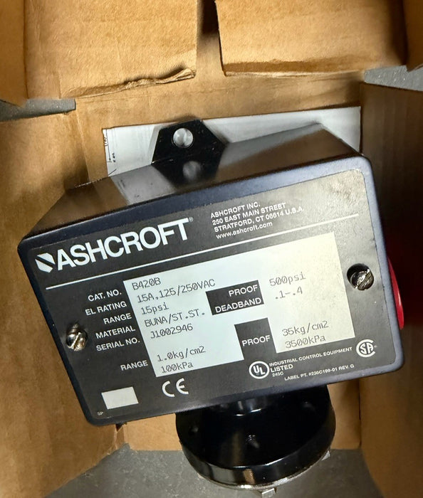 ASHCROFT B420B15 / B420B15NIB 15 PSI BUNA 15 AMP PRESSURE SWITCH NEW