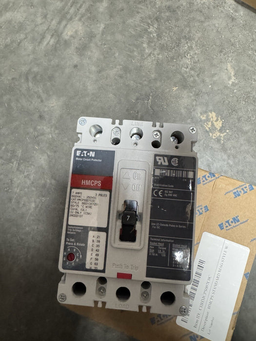 HMCPS007C0C EATON INDUSTRIAL BREAKER 7A 480V 3 POLE MOTOR CICUIT PROTECTOR