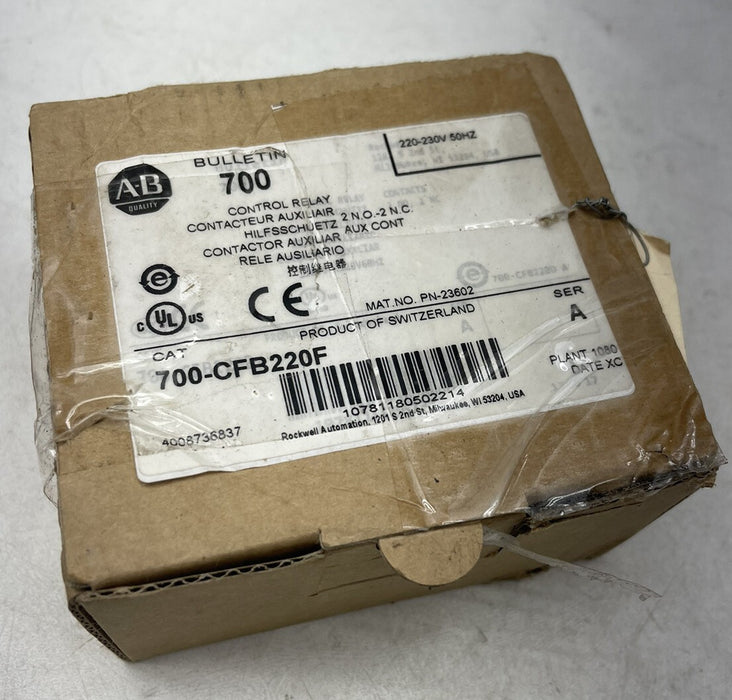 NEW ALLEN BRADLEY 700-CFB220F CONTROL RELAY 2 N.O + 2 N.C AUX CONT 220 VAC COIL