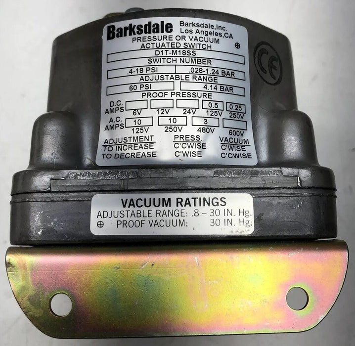 NEW BARKSDALE D1T-M18SS VACUUM / PRESSURE SWITCH NIB