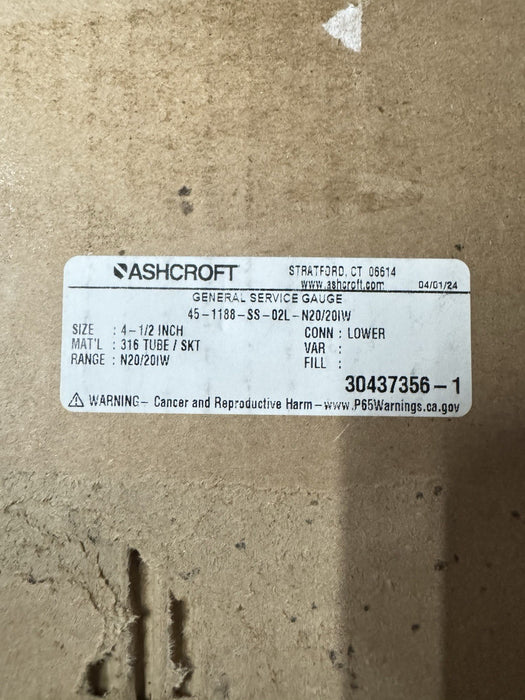 45-1188-SS-02L-N20/20IW ASHCROFT 1188 LOW PRESSURE BELLOWS GAUGE -20 TO 20 INH2O