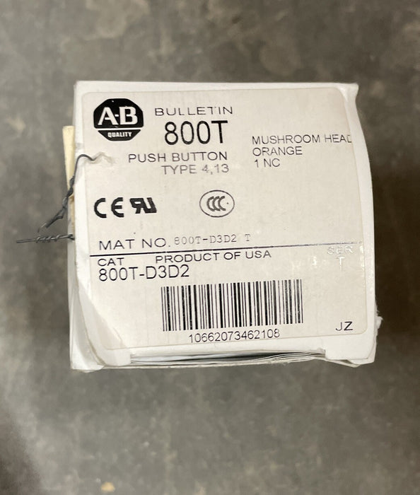 Allen Bradley 800T-D3D2 ORANGE MUSHROOM Push Button 1 NC CONTACT