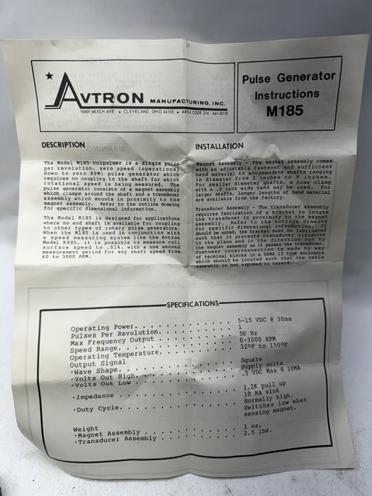 NOS AVTRON 12-15VDC 30MA PULSE TACHOMETER M185
