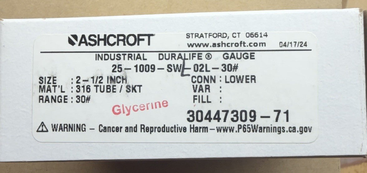 NEW ASHCROFT DURALIFE 25-1009-SWL-02L-30# 30 PSI GLYCERINE FILL 2  1/2" GAUGE