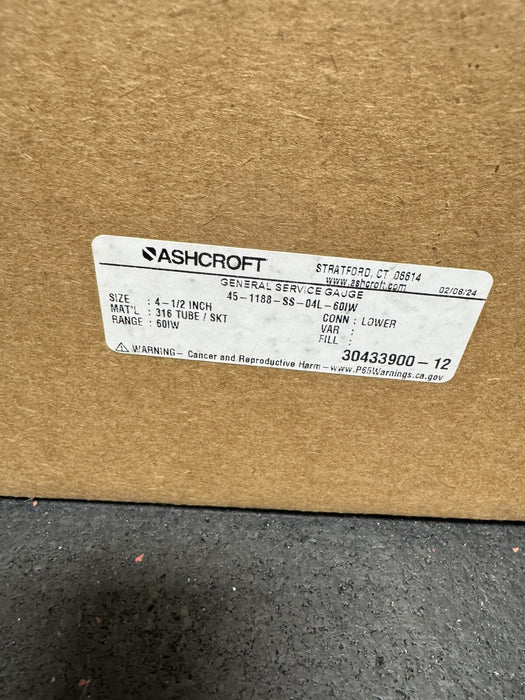 45-1188-SS-04L-60IW ASHCROFT 1188 LOW PRESSURE BELLOWS GAUGE 0-60 INH2O 451188