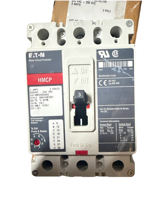 NEW HMCP003A0C Eaton Motor Circuit Protector 3 Pole 3 Amp 600V New In Box NIB