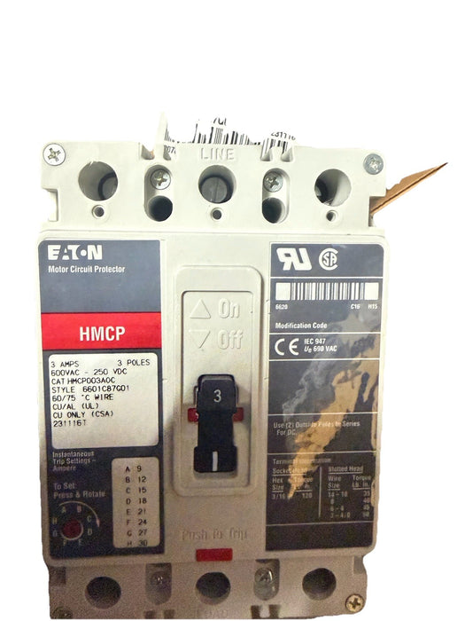 NEW HMCP003A0C Eaton Motor Circuit Protector 3 Pole 3 Amp 600V New In Box NIB