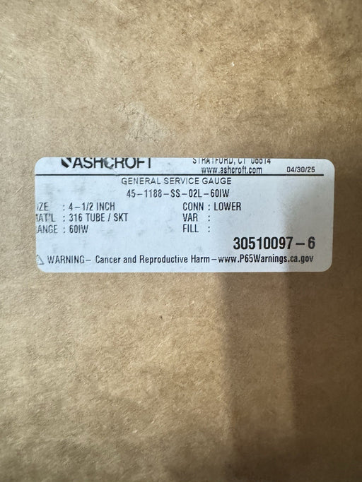 45-1188-SS-02L-60IW ASHCROFT 1188 LOW PRESSURE BELLOWS GAUGE 0-60 INH2O 451188