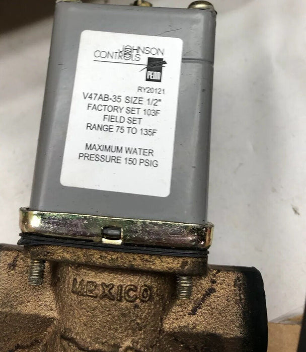 NEW JOHNSON CONTROLS V47AB-35C 1/2" WATER VALVE RANGED 75 TO 135 DEG F