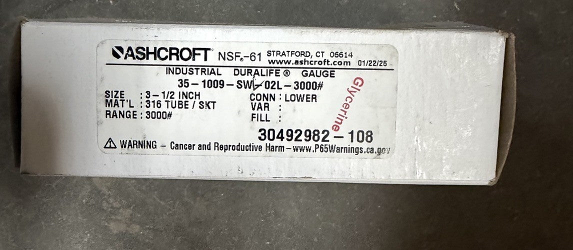 NEW ASHCROFT DURALIFE 35-1009-SWL-02L-3000# 3000 PSI GLYCERINE FILL 3  1/2"
