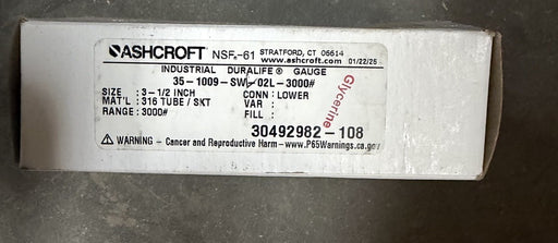 NEW ASHCROFT DURALIFE 35-1009-SWL-02L-3000# 3000 PSI GLYCERINE FILL 3  1/2