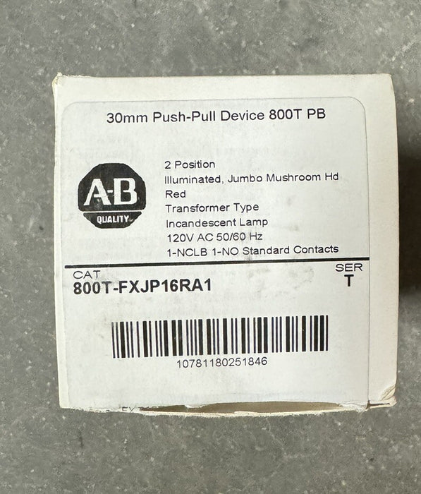 Allen Bradley 800T-FXJP16RA1 2 POSITION PUSH PULL JUMBO MUSHROOM ILLUMINATED 120