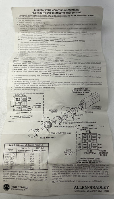 NEW Allen Bradley 800MR-PB16 SMALL ILLUMINATED PUSHBUTTON RED 800MR-PB16RA