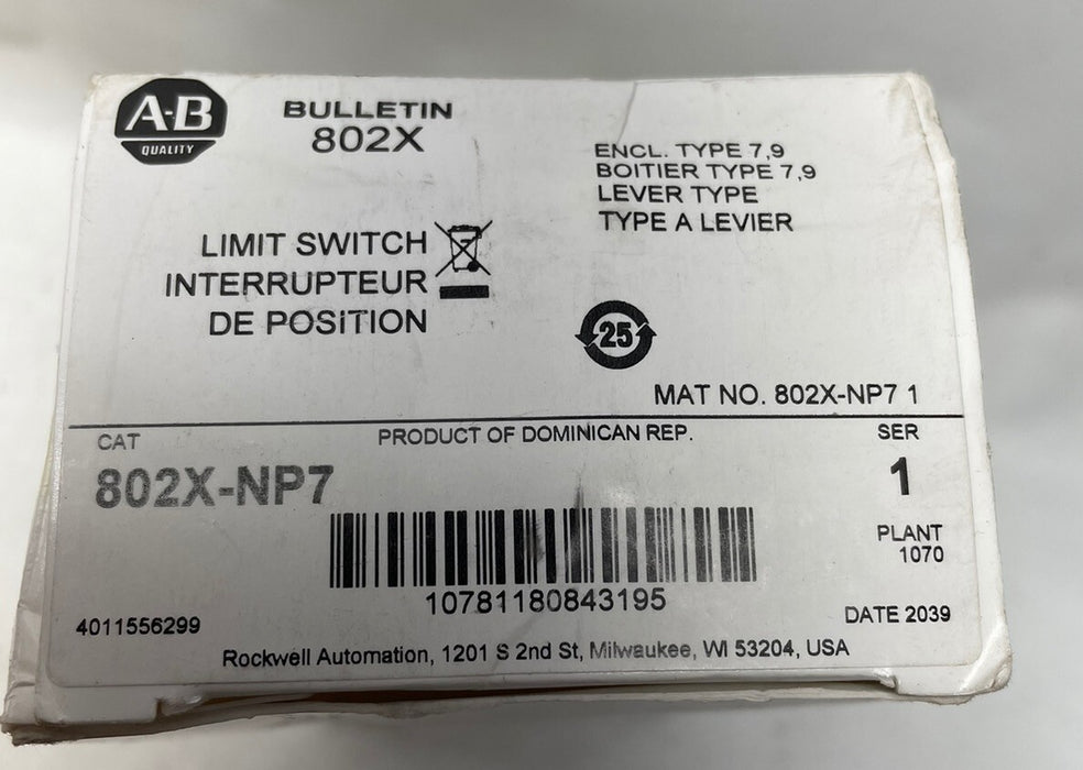 NEW ALLEN BRADLEY 802X-NP7 HAZARDOUS LOCATION LIMIT SWITCH LEVER ACTION TYPE 7&9